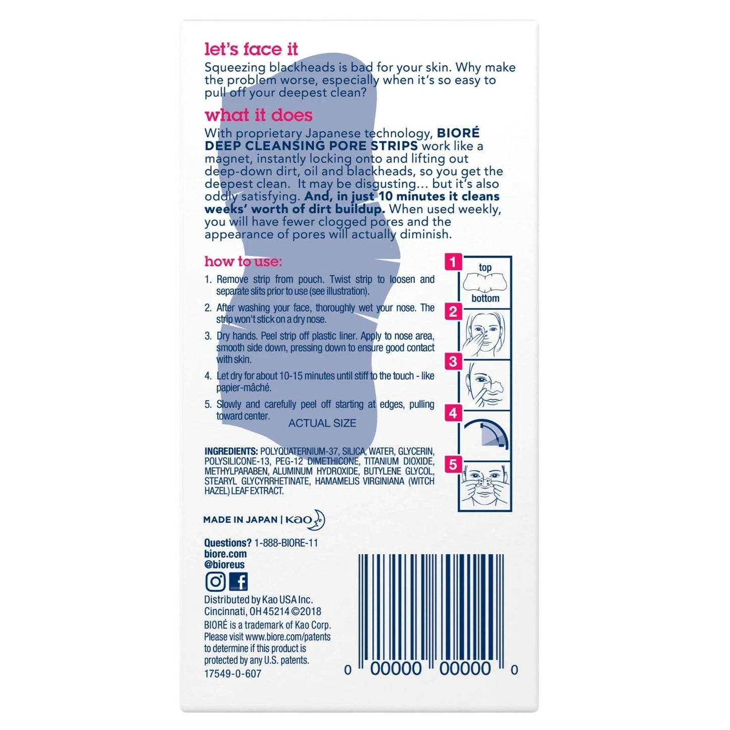 Back of a pore strip packaging with text and instructions.