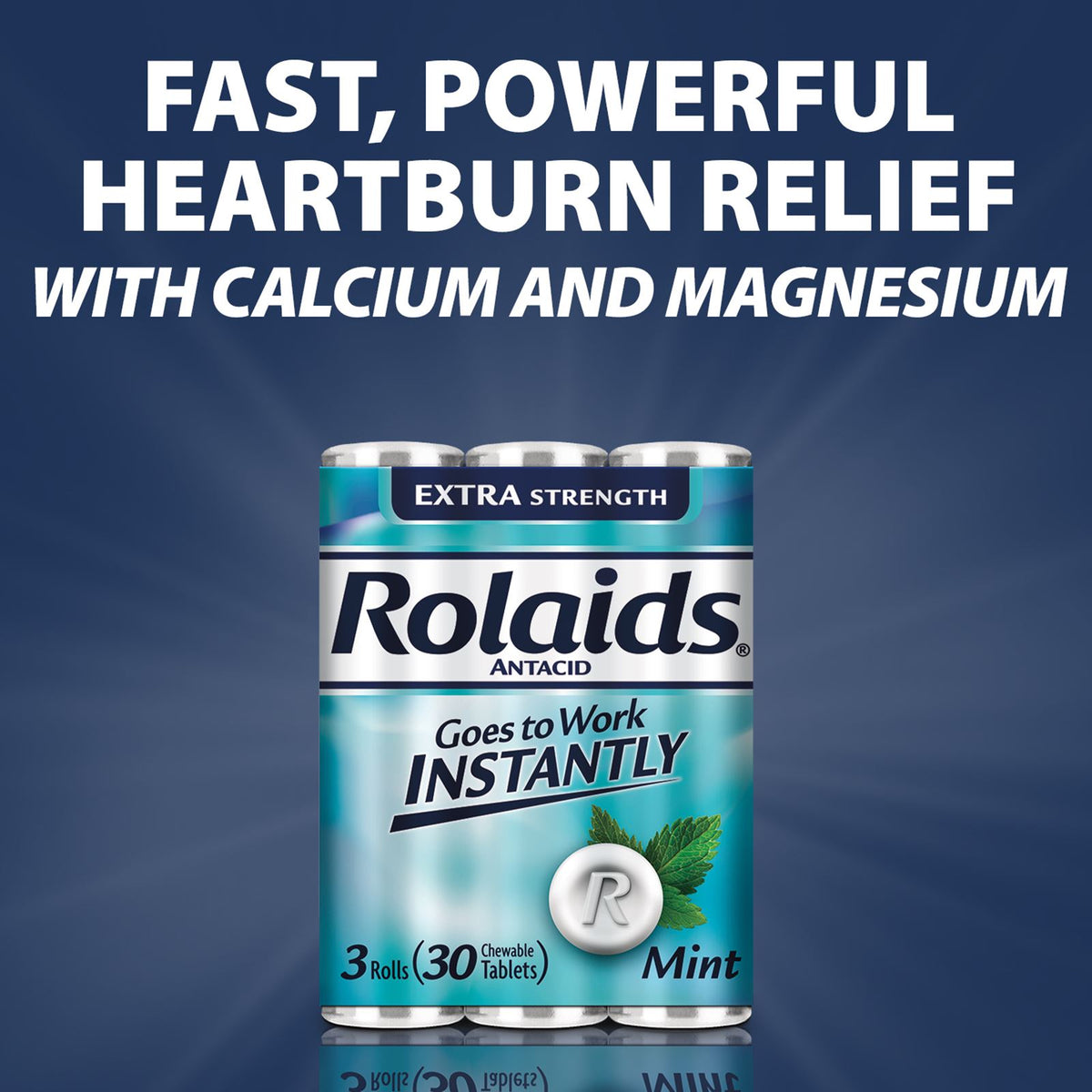 Rolaids Antacid, Mint, 3 Rolls (30 Chewable Tablets), Extra Strength