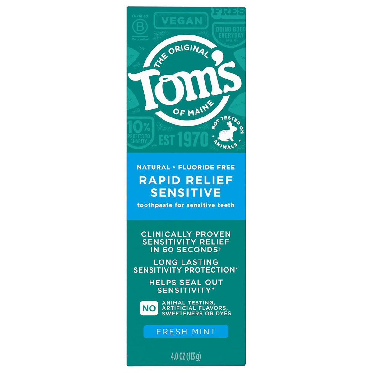 Tom's of Maine Rapid Relief Sensitive Fluoride-Free Toothpaste, Fresh Mint, 4 OZ (113 g)