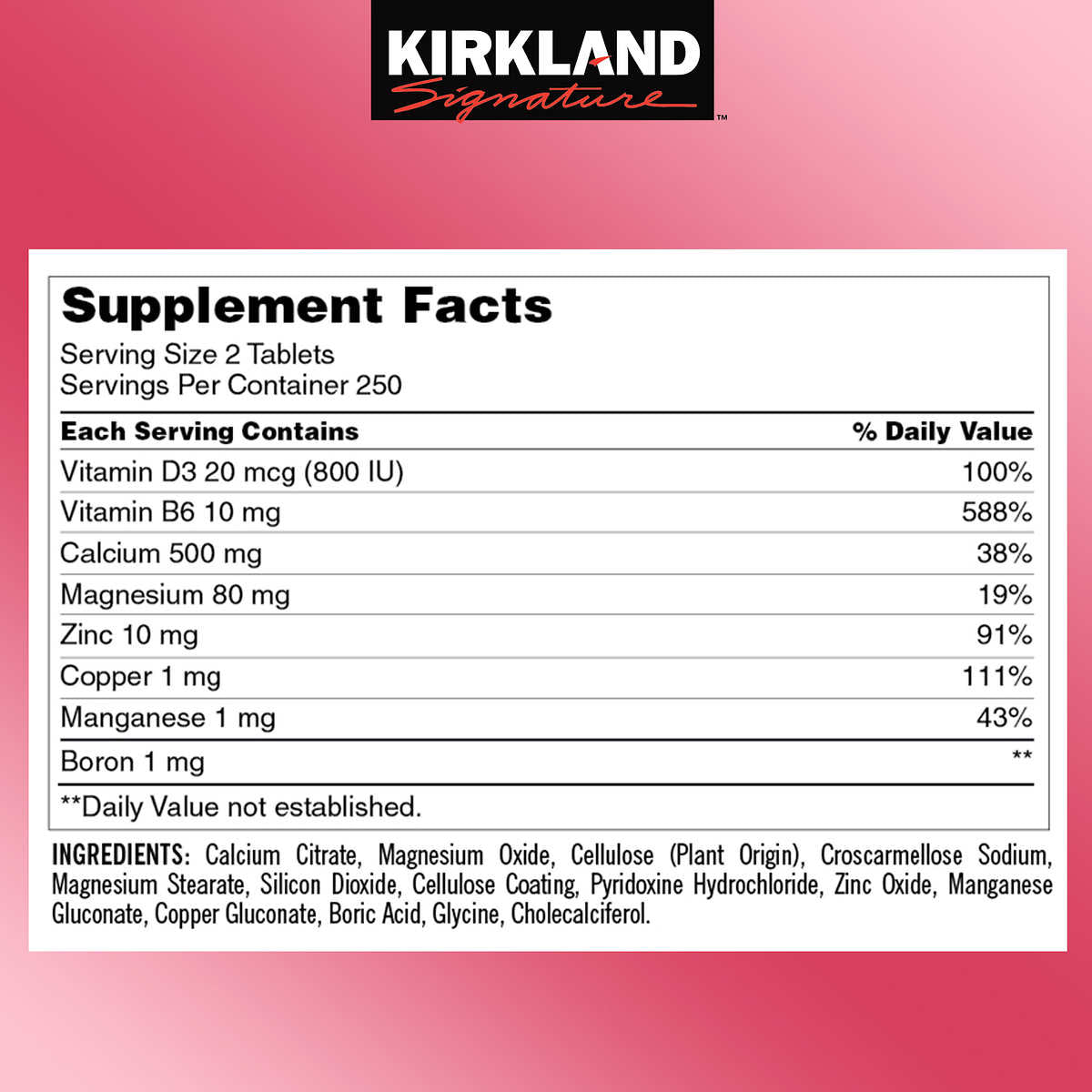 Kirkland Signature Calcium Citrate Magnesium Zinc and Vitamin D3, 500 Tablets