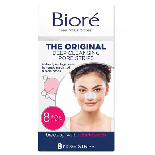 Bioré deep cleansing pore strips packaging with a woman wearing a strip on her nose.
