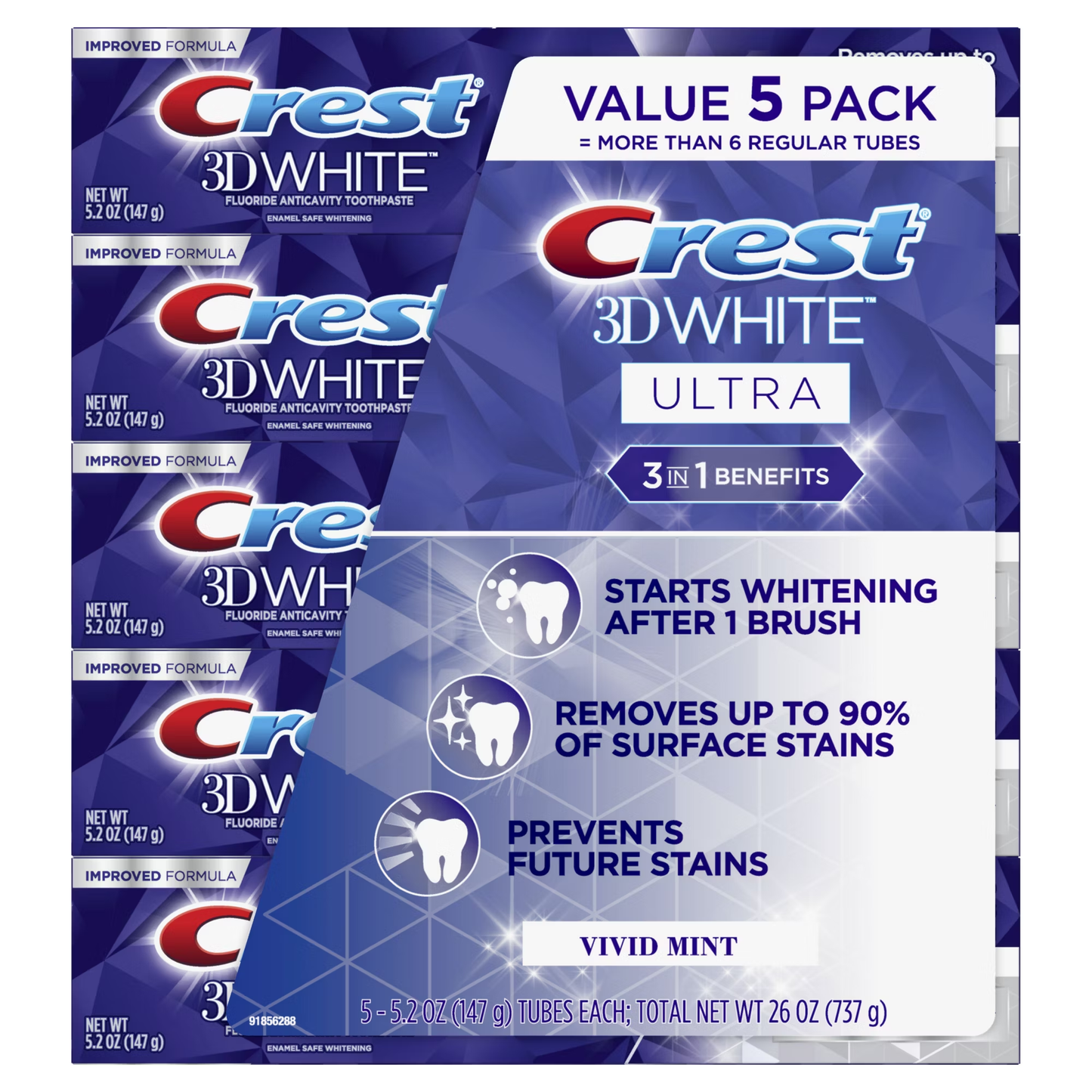 Crest 3D White Ultra Vivid Mint Toothpaste, 5.2 Oz (147 g), 5-Pack