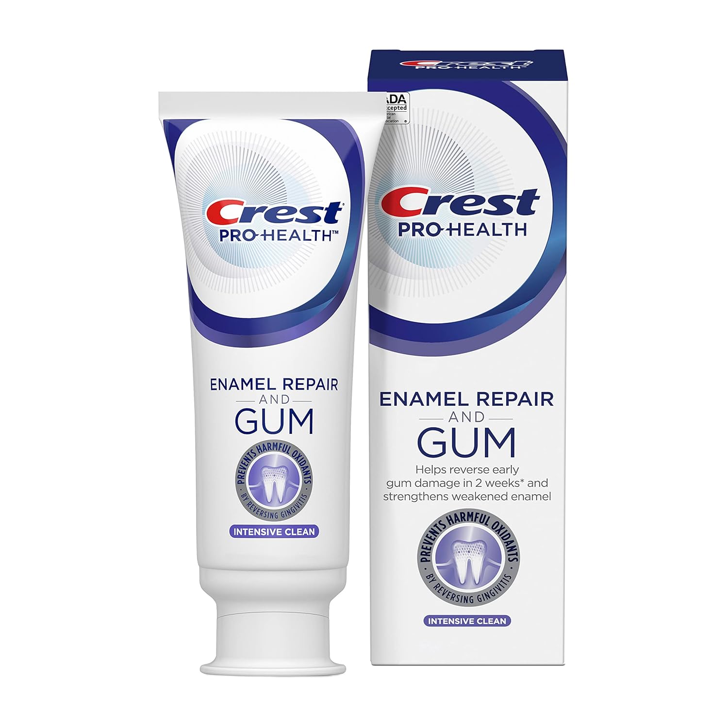 Crest Pro-Health Enamel Repair and Gum toothpaste tube and packaging on a white background