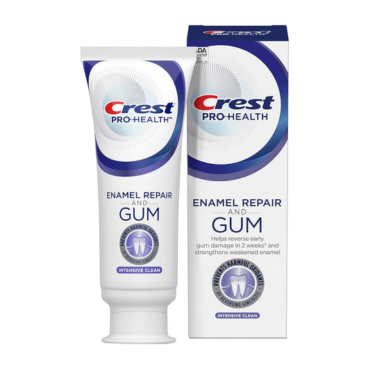 Crest Pro-Health Enamel Repair and Gum toothpaste tube and packaging on a white background