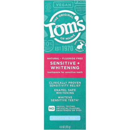 Tom's of Maine Sensitive + Whitening Fluoride Free Toothpaste, Soothing Mint, 4.0 OZ (113 g)