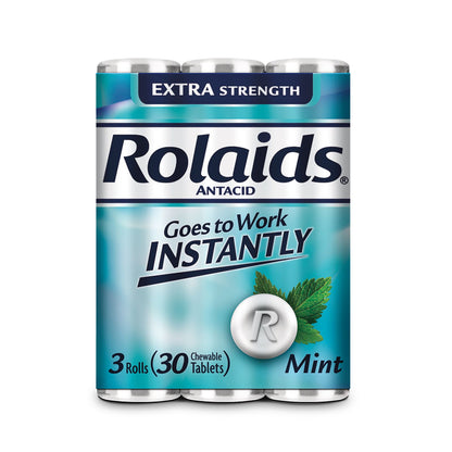 Rolaids Antacid, Mint, 3 Rolls (30 Chewable Tablets), Extra Strength