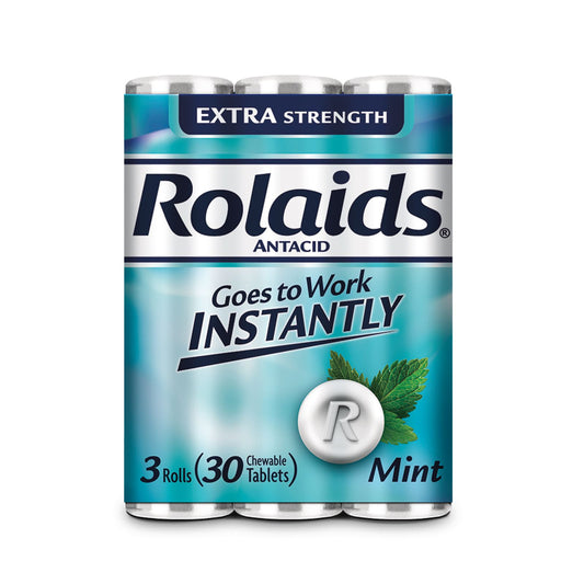 Rolaids Antacid, Mint, 3 Rolls (30 Chewable Tablets), Extra Strength