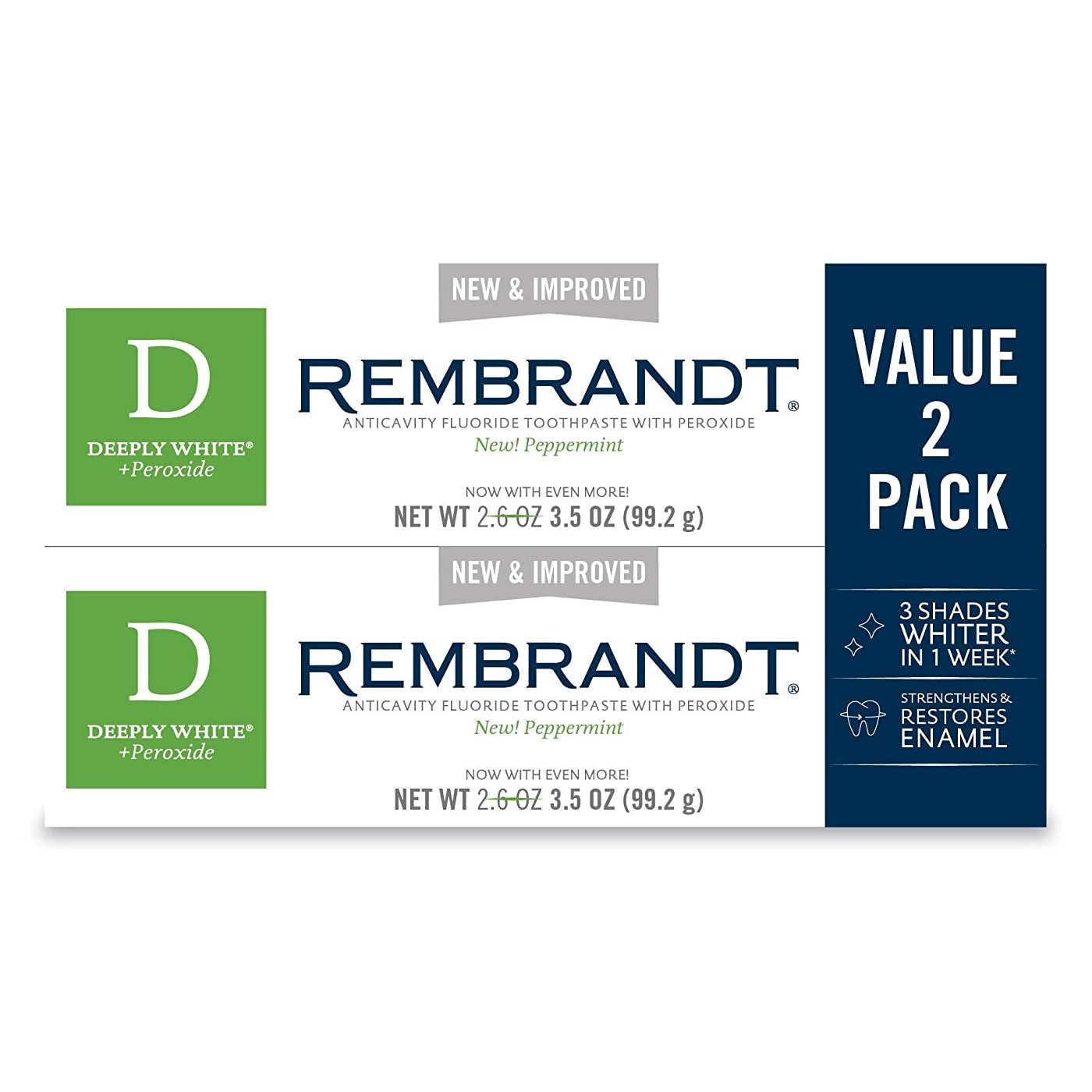 Rembrandt Deeply White + Peroxide Peppermint Toothpaste 3.5 oz/99.2 g (2 PACK)