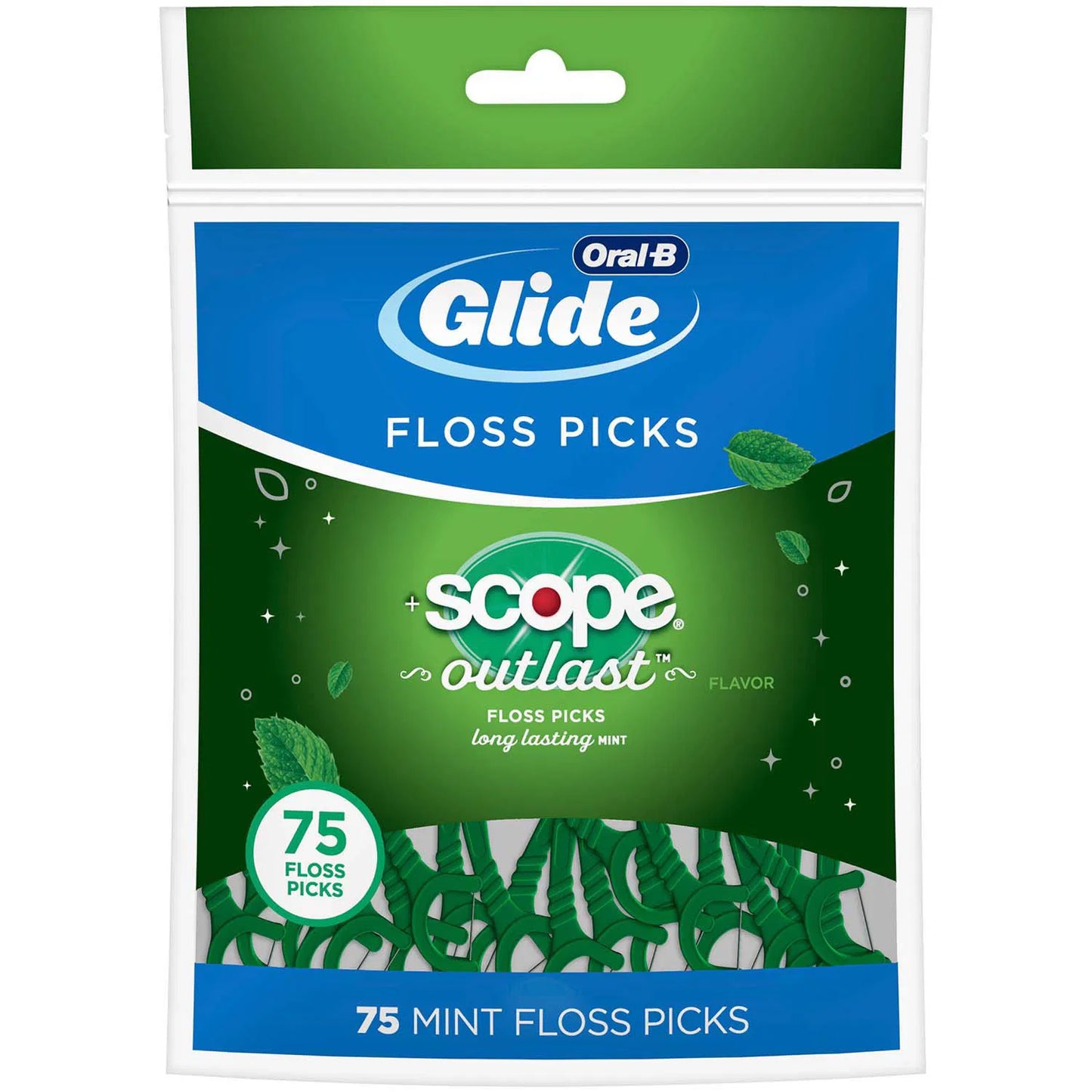 Oral B Glide Floss Picks with Scope Outlast, Long-Lasting Mint Flavor, 75 Floss Picks