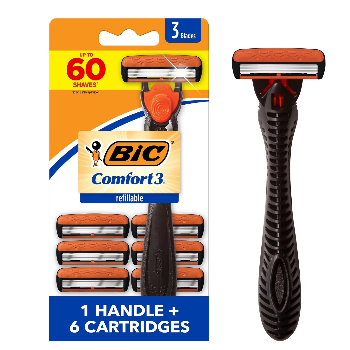 BIC Comfort3 Men's Refillable 3 Blade Razors, 1 Handle + 6 Cartridges