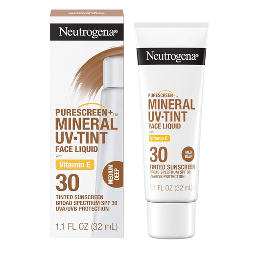 Neutrogena Purescreen+ Tinted Mineral Sunscreen for Face with SPF 30, Broad Spectrum with Zinc Oxide and Vitamin E, Medium Deep, 1.1 fl oz (32 mL)