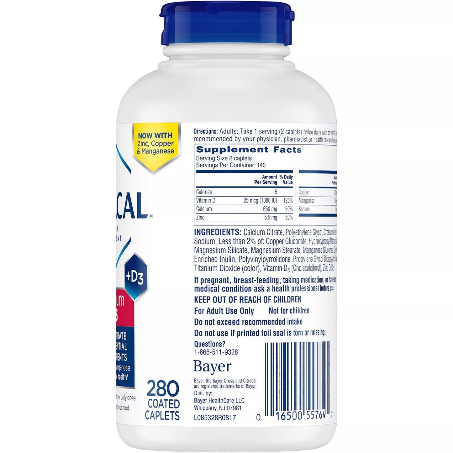 Citracal Maximum Plus 280 Caplets, Calcium Citrate + D3 & Zinc