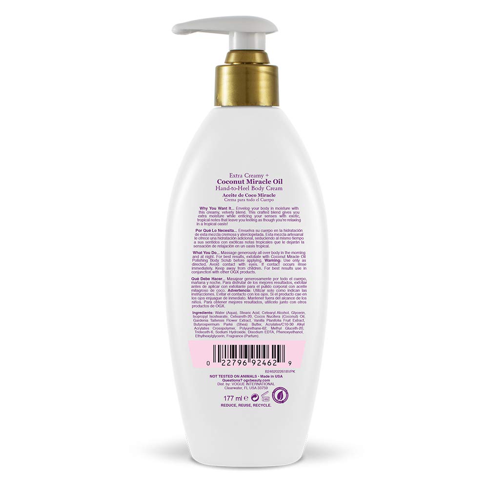 OGX Ultra Moisture Hand-to-Heel Body Cream, With Coconut Miracle Oil, 177 ml