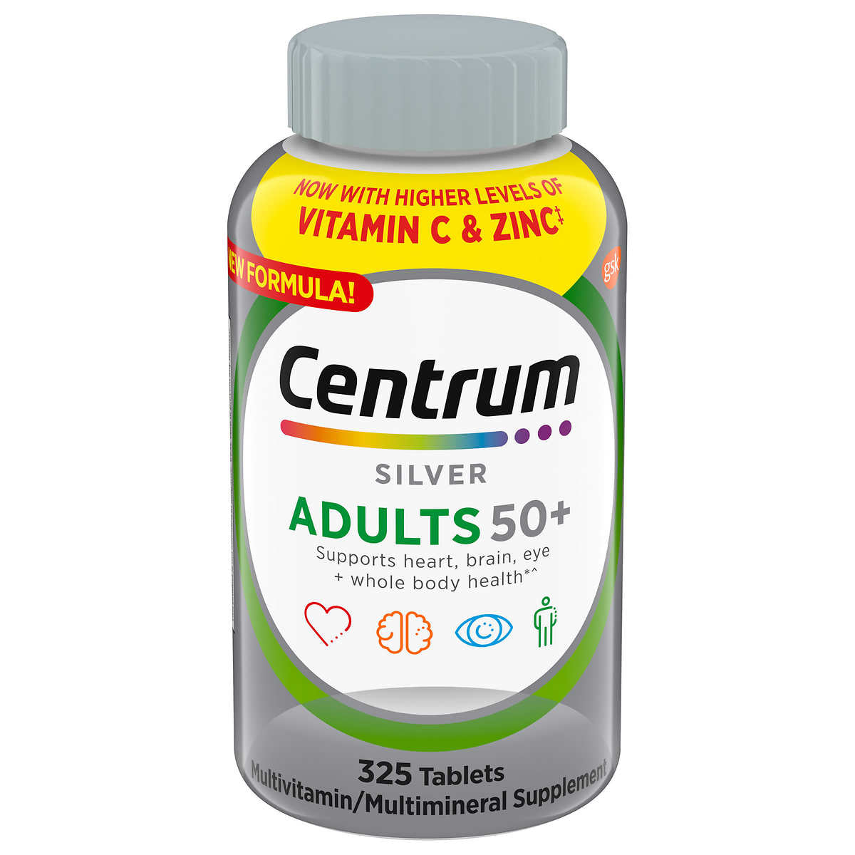Centrum Silver Adults 50+ multivitamin bottle, gray cap, 325 tablets, with health icons and colorful label design.