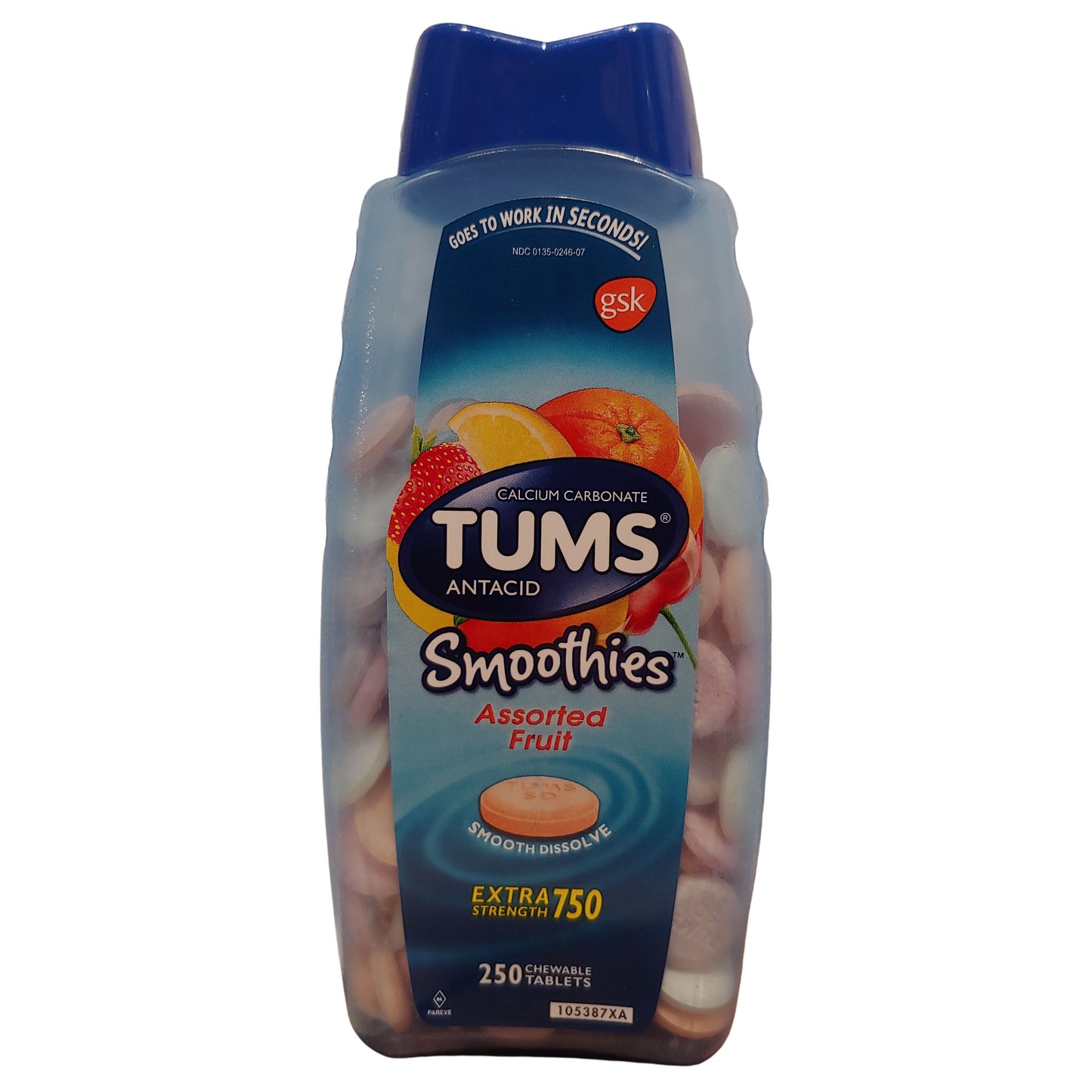 Tums Smoothies Extra 750 Antacid, Assorted Fruit, 250 Tablets