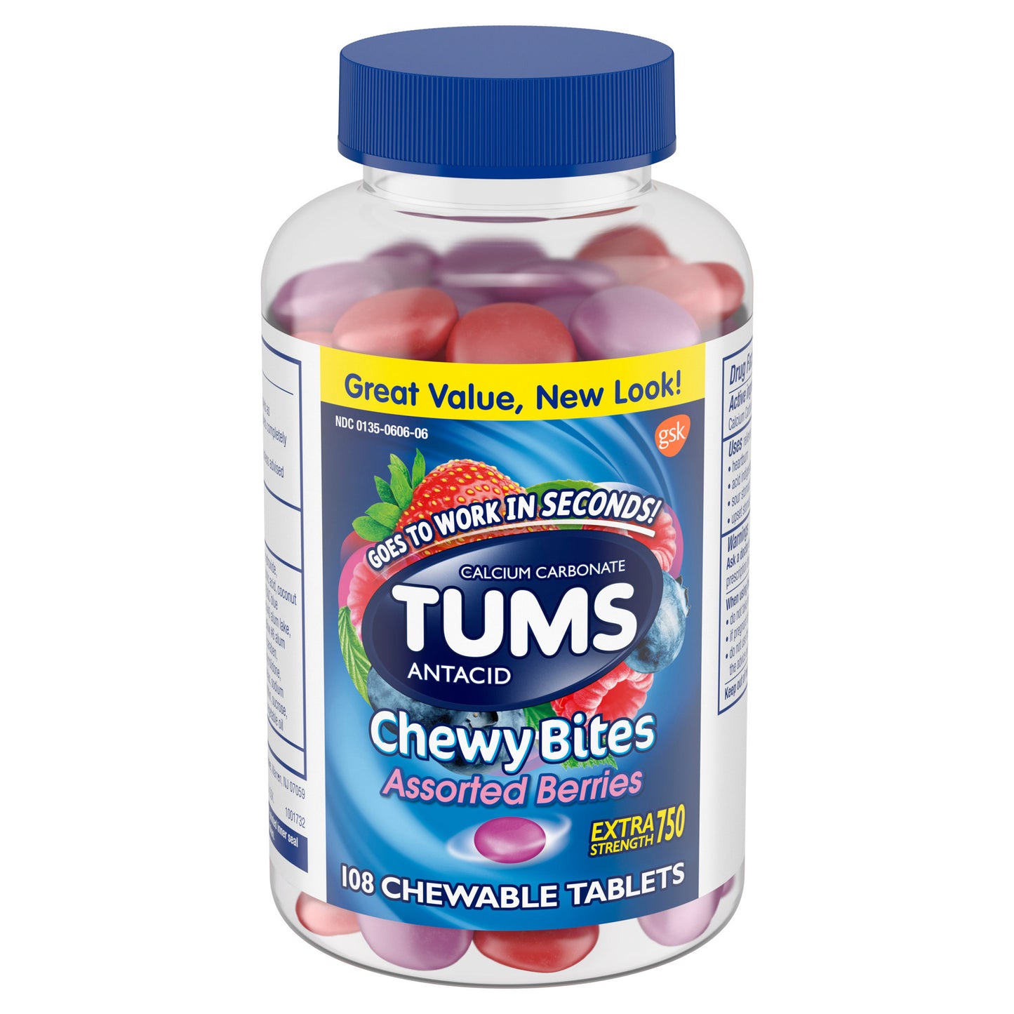 Tums Chewy Bites Extra 750 Antacid, Assorted Berries, 108 Tablets