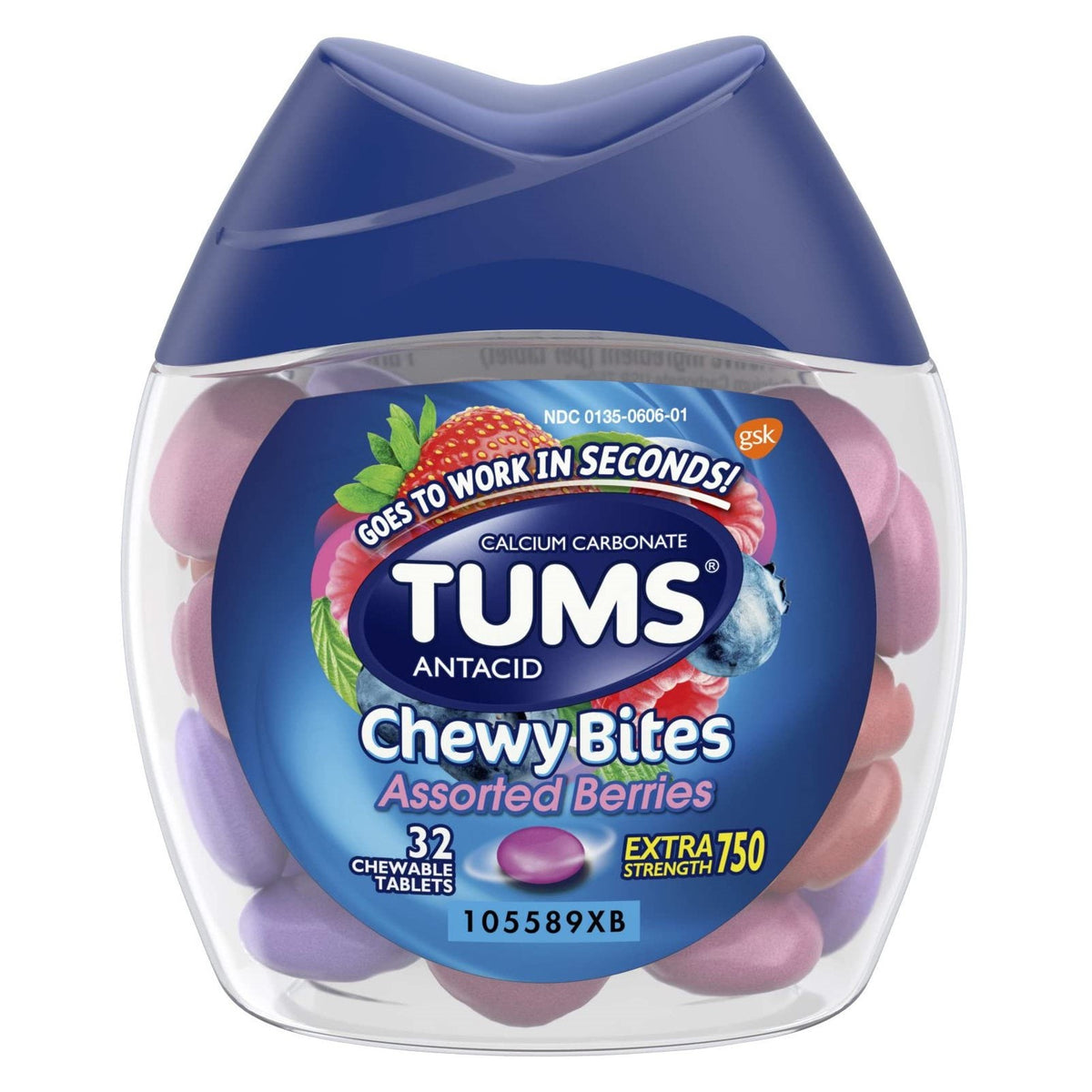 TUMS Chewy Bites Antacid, Assorted Berries, 32 Chewable Tablets