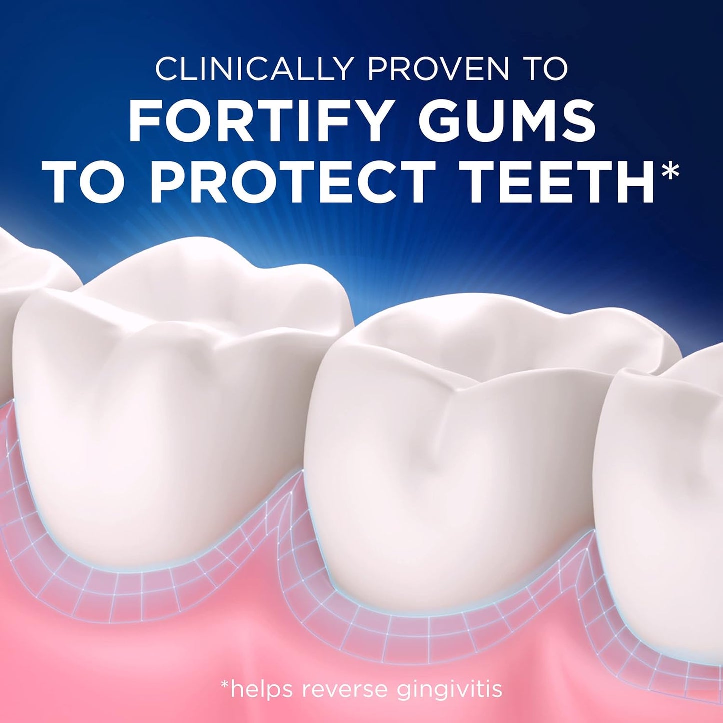 Teeth with gums and text claiming to clinically prove gum fortification for tooth protection.