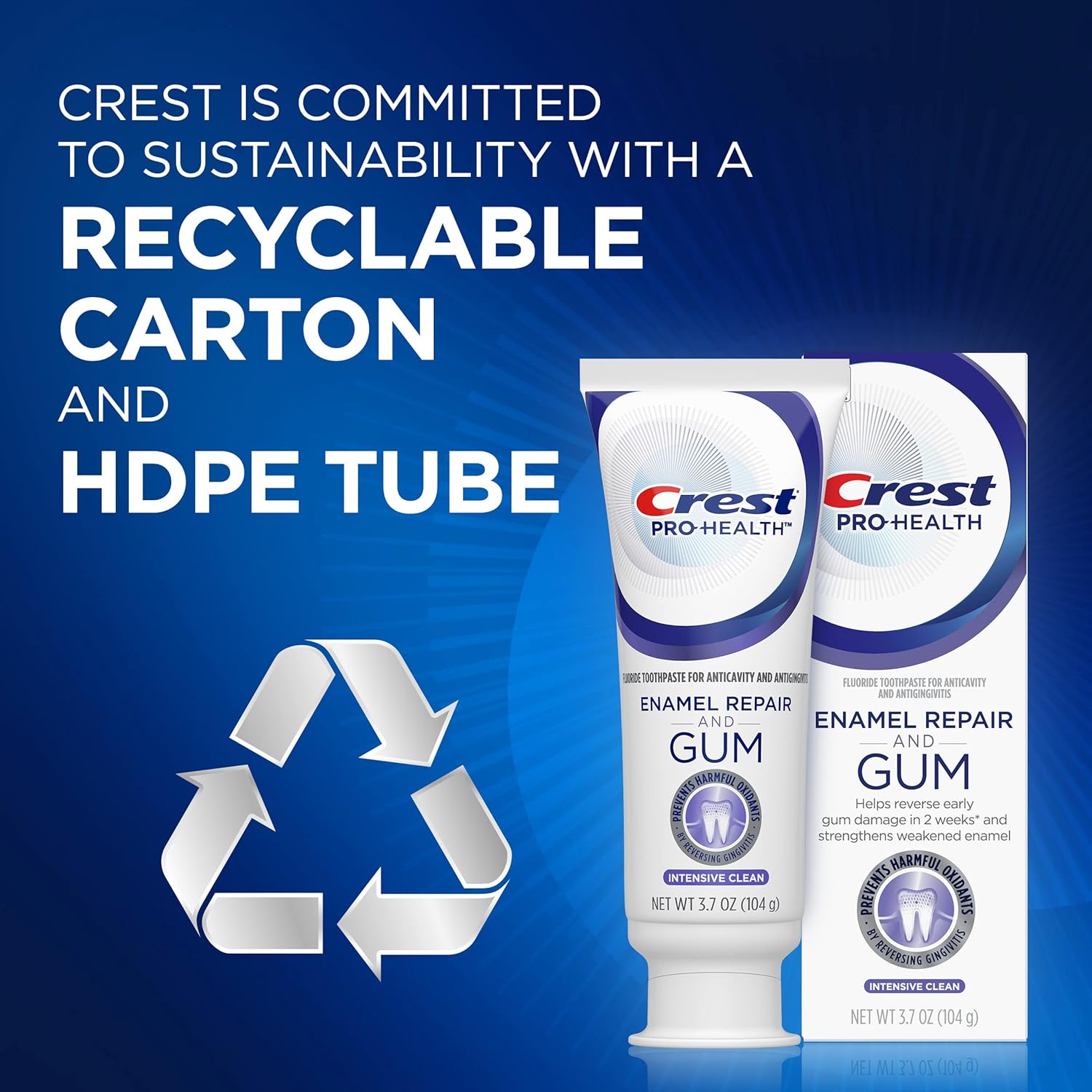 Crest Pro-Health toothpaste with recyclable carton and HDPE tube on a blue background