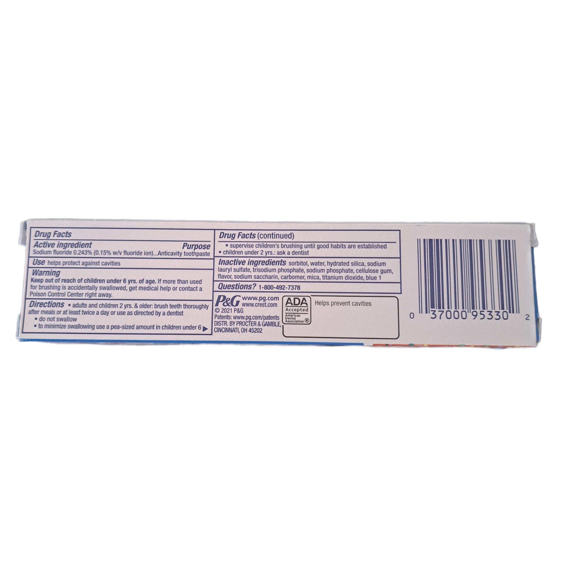 Back of a toothpaste tube with ingredient list and a barcode on a white background