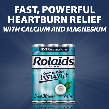 Rolaids Antacid, Mint, 3 Rolls (30 Chewable Tablets), Extra Strength