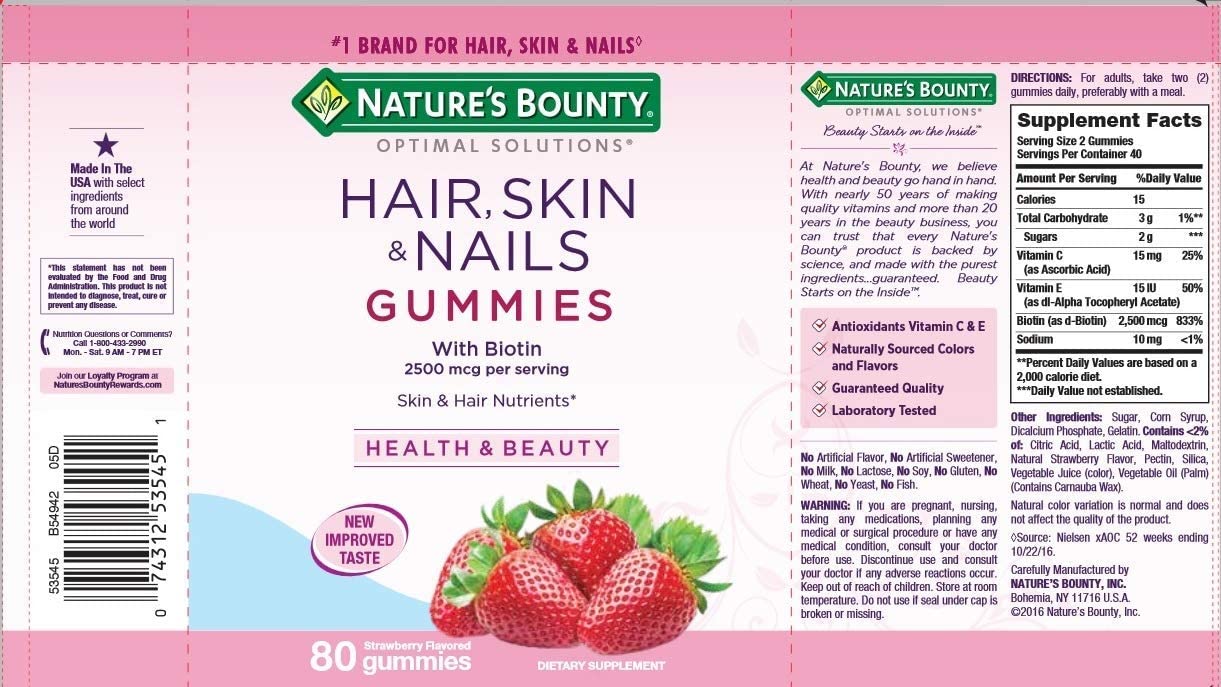 Nature's Bounty Hair, Skin, & Nails Gummies, Strawberry, 80 Count
