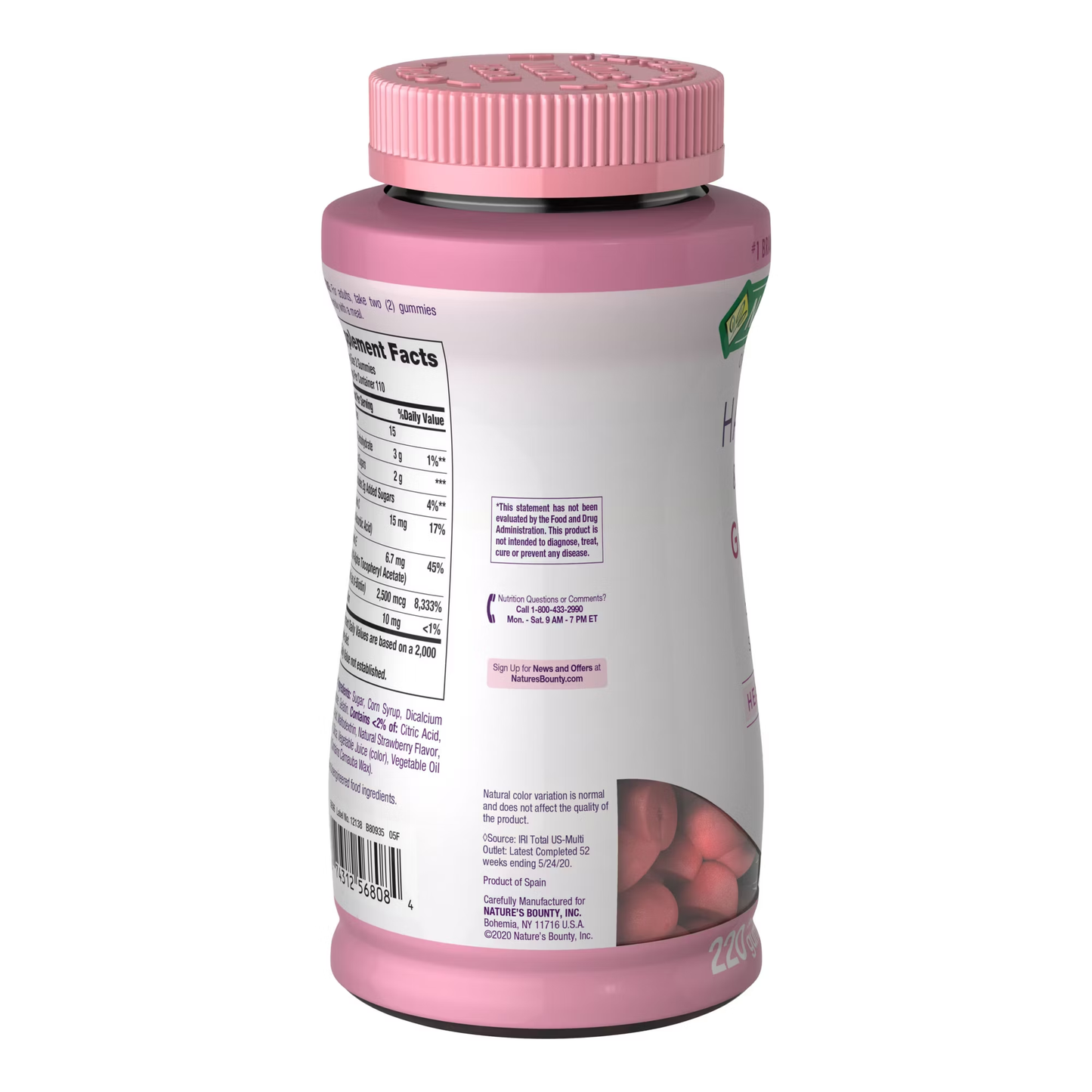 Nature's Bounty Hair Skin & Nails Gummy Vitamins, Strawberry, 220 Gummies - Nature's Bounty Optimal Solutions