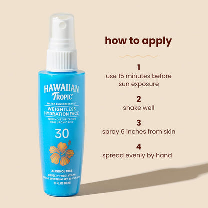Hawaiian Tropic Weightless Hydration Face Sunscreen Mist, SPF 30, 2.1 FL OZ (62 mL)