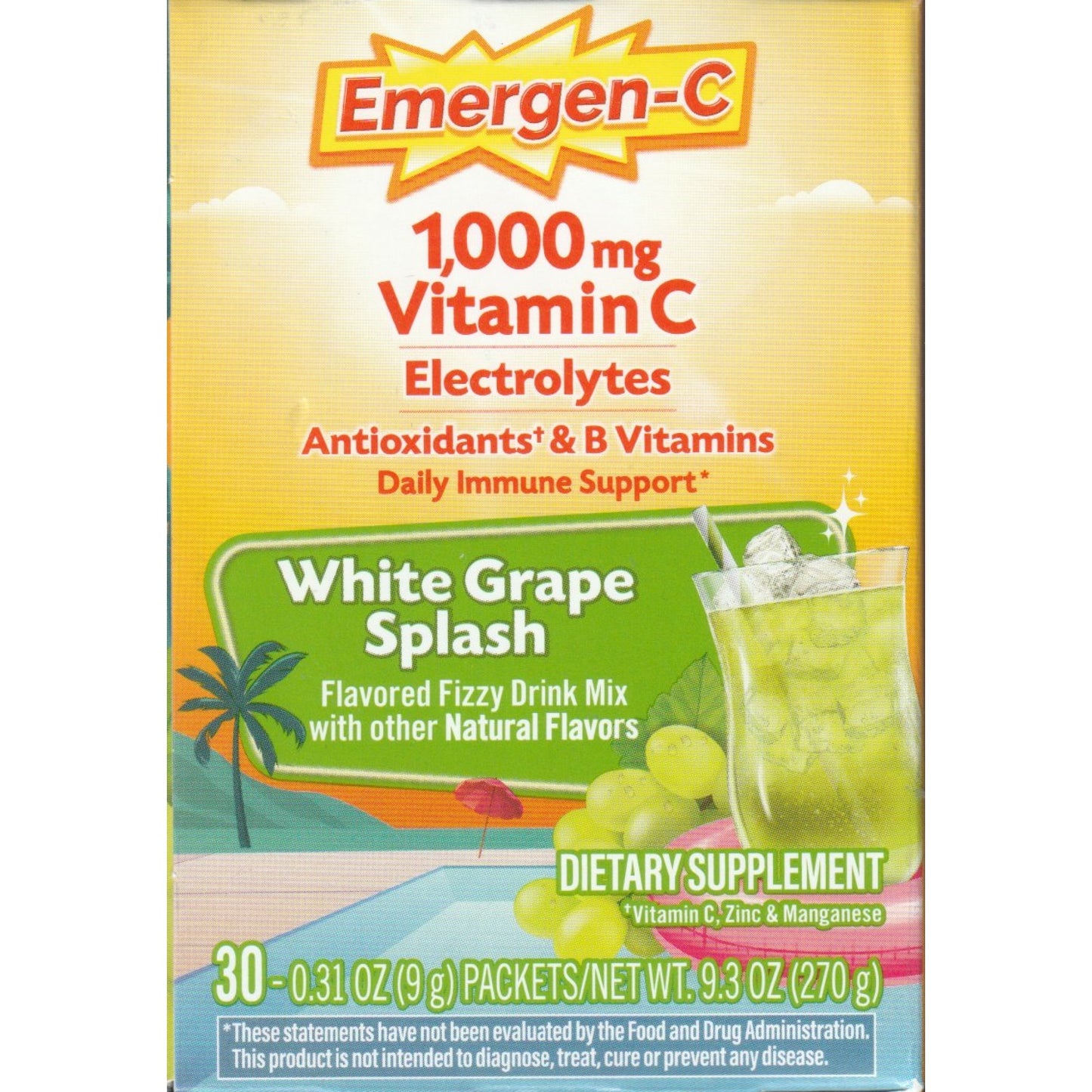 Emergen-C 1000 mg Vitamin C Drink Mix, White Grape Splash, 30 Packets