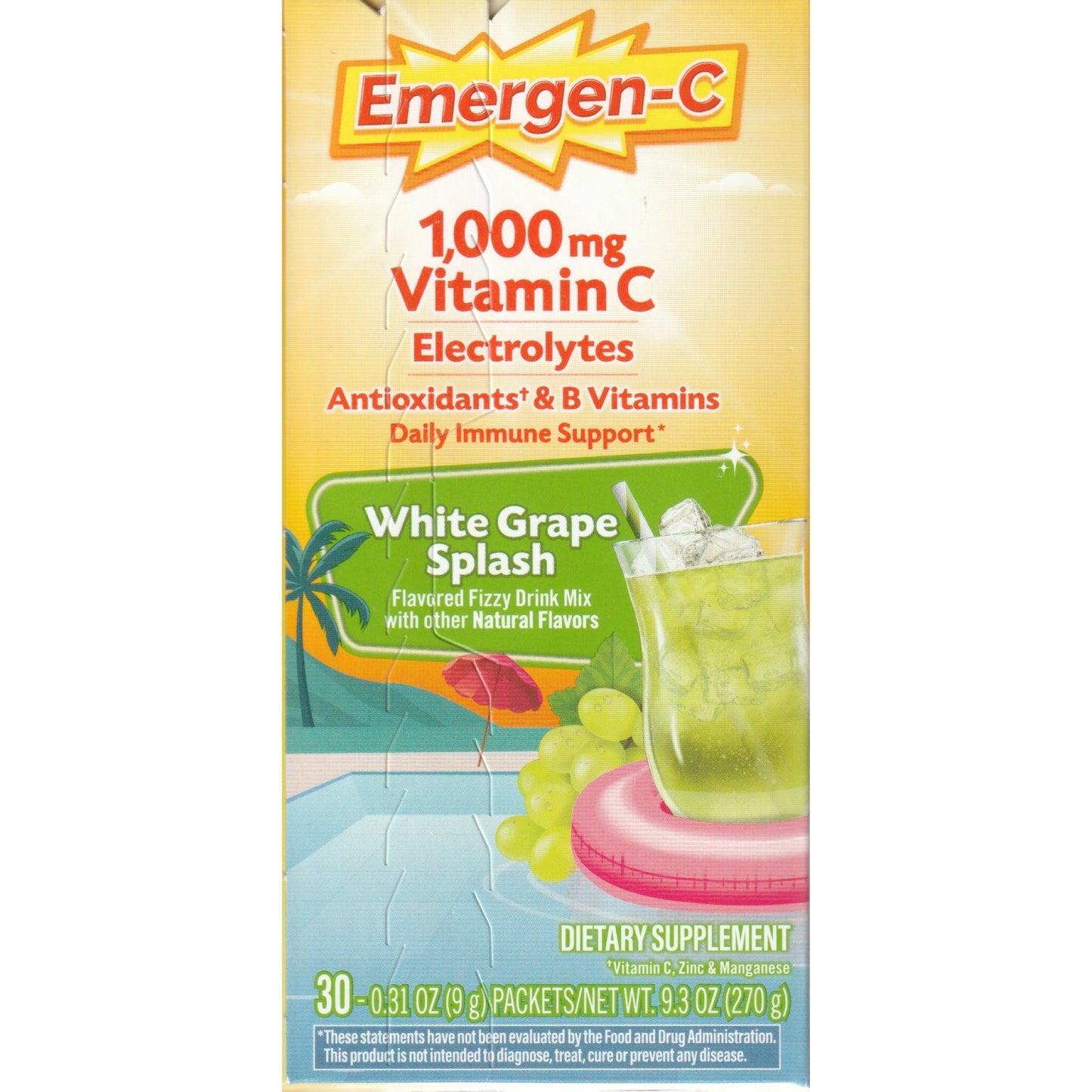 Emergen-C 1000 mg Vitamin C Drink Mix, White Grape Splash, 30 Packets