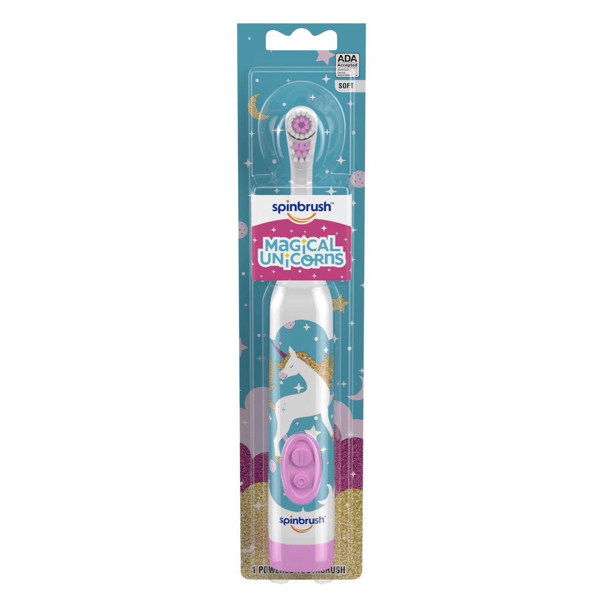Spinbrush Magical Unicorns children's toothbrush packaging on a white background