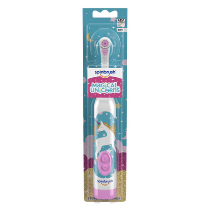 Spinbrush Magical Unicorns children's toothbrush packaging on a white background