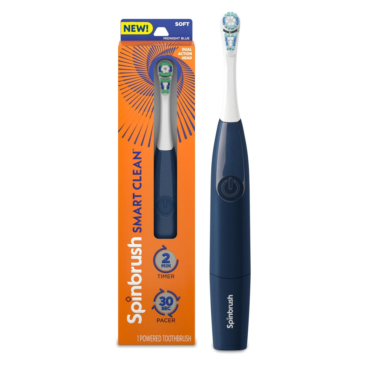 Spinbrush Smart Clean Battery Powered Toothbrush, Dual Action Head, Soft, Midnight Blue