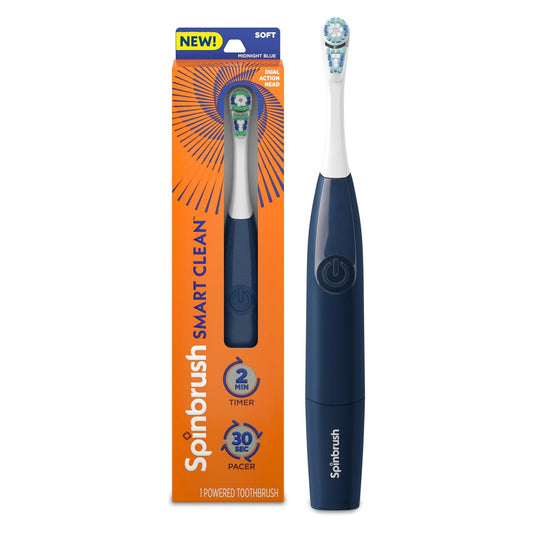 Spinbrush Smart Clean Battery Powered Toothbrush, Dual Action Head, Soft, Midnight Blue