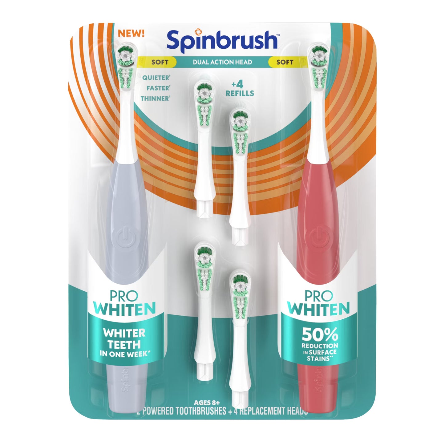 Spinbrush Pro Whiten Toothbrush Set, 2 brushes + 4 extra heads