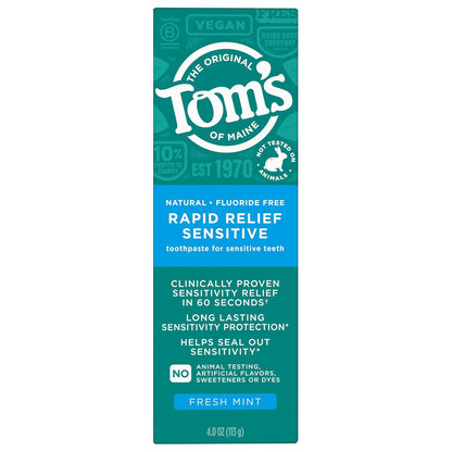 Tom's of Maine Rapid Relief Sensitive Fluoride-Free Toothpaste, Fresh Mint, 4 OZ (113 g)