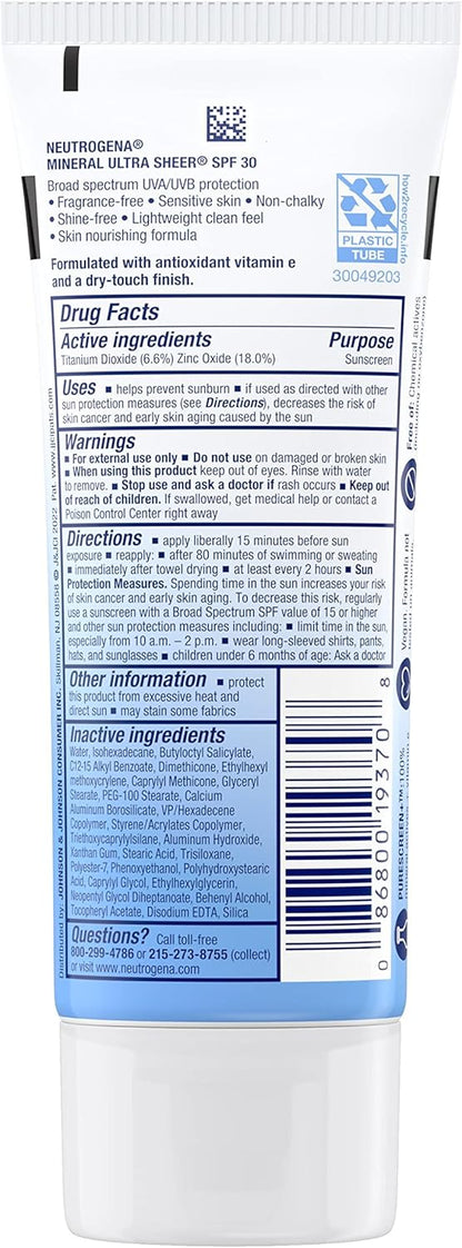 Neutrogena Purescreen Mineral Ultra Sheer Dry-Touch SPF 30 Sunscreen, 3 fl oz (88 ml)
