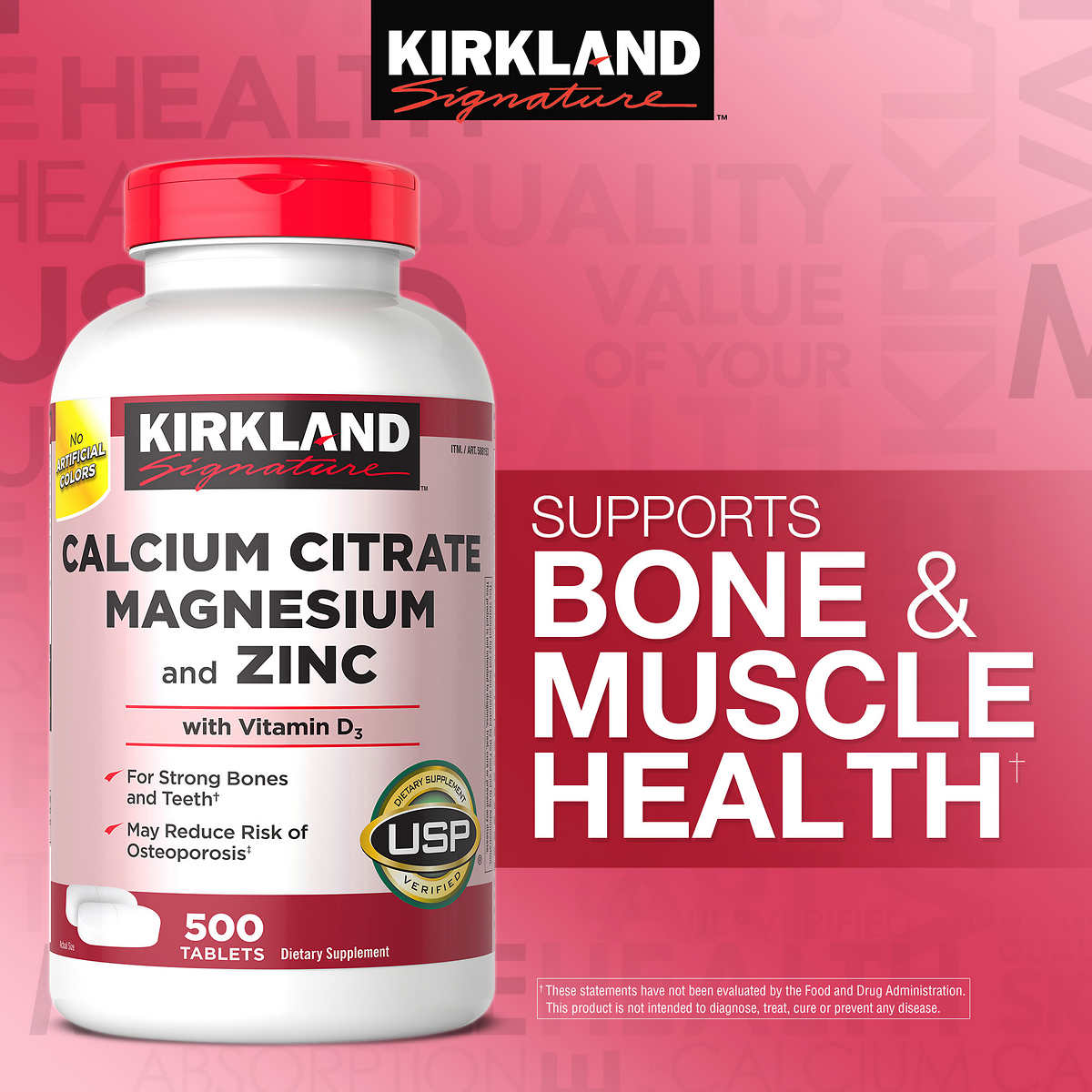 Kirkland Signature Calcium Citrate Magnesium Zinc and Vitamin D3, 500 Tablets