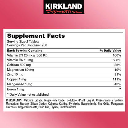 Kirkland Signature Calcium Citrate Magnesium Zinc and Vitamin D3, 500 Tablets