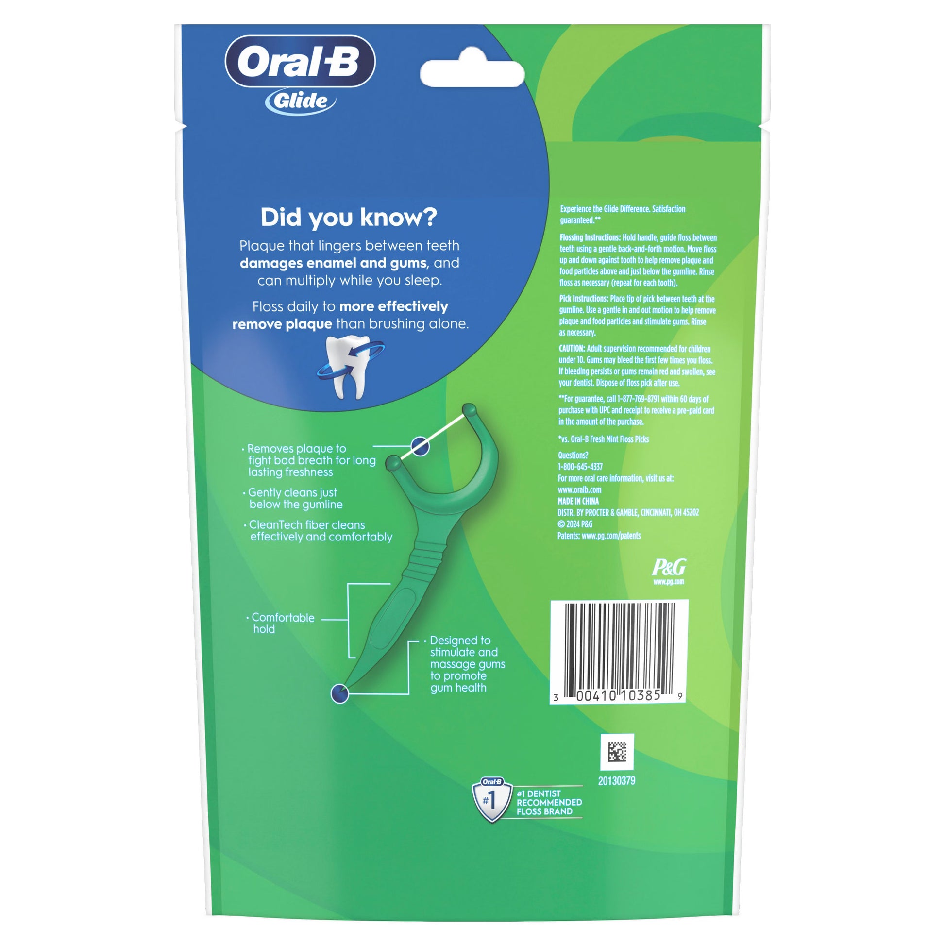 Oral-B Glide dental floss packaging with green and blue design on a white background