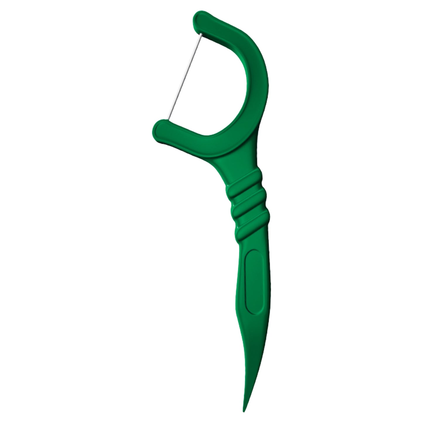 Green oral-b dental floss pick on a white background
