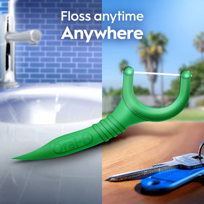 Green floss holder with 'OraLB' branding on a split background of a bathroom and beach.