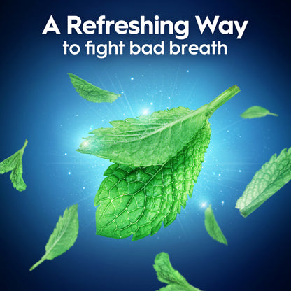 Mint leaves with text 'A Refreshing Way to fight bad breath' on a blue background