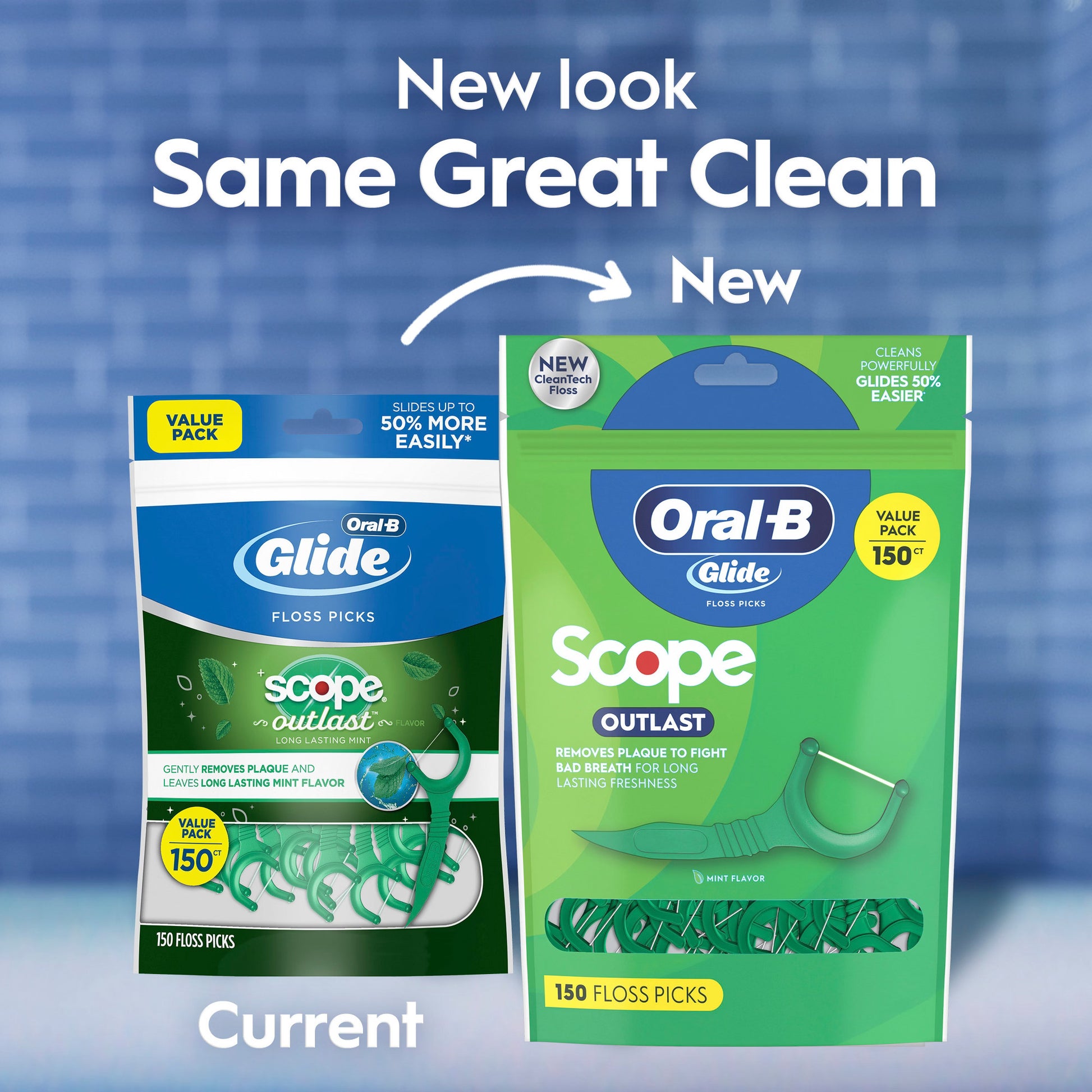 Two packages of Oral-B Glide Scope floss picks with a blue background