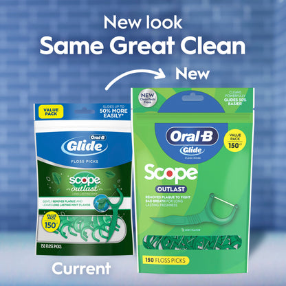 Two packages of Oral-B Glide Scope floss picks with a blue background