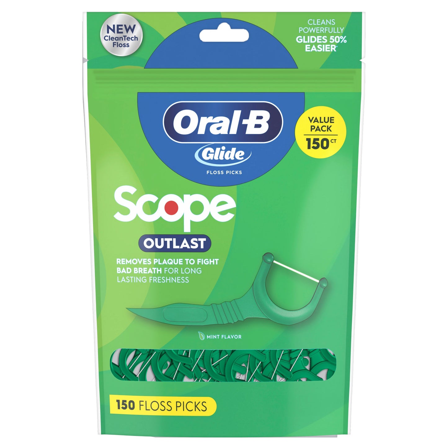 Packaging of Oral-B Glide Scope dental floss picks with green and blue design.