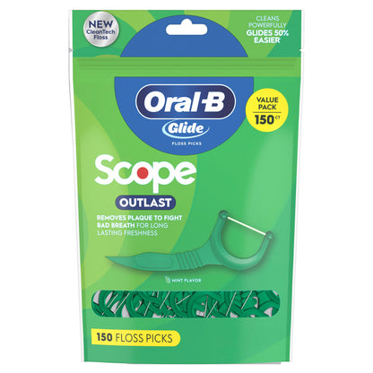 Packaging of Oral-B Glide Scope dental floss picks with green and blue design.