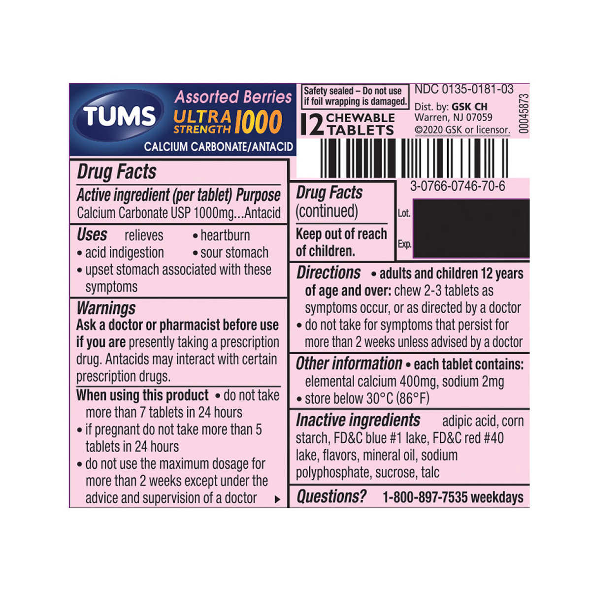 Tums Ultra Strength Antacid, Assorted Berries, 144 Tablets