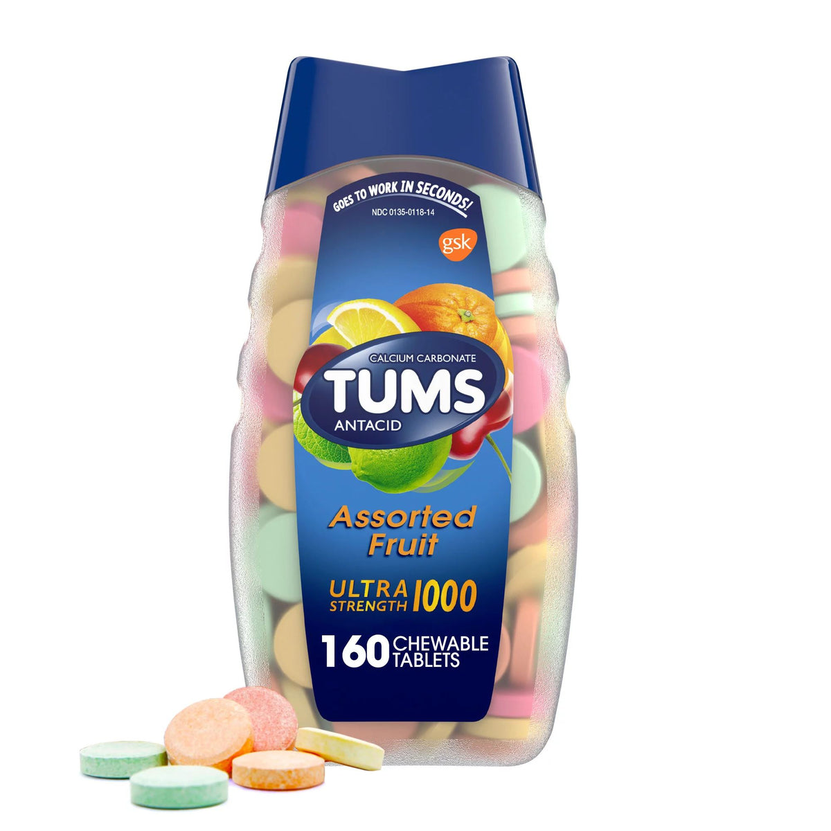 Tums Ultra 1000 Antacid, Assorted Fruit, 160 Tablets