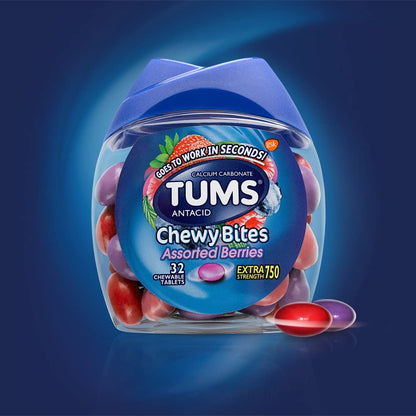 TUMS Chewy Bites Antacid, Assorted Berries, 32 Chewable Tablets